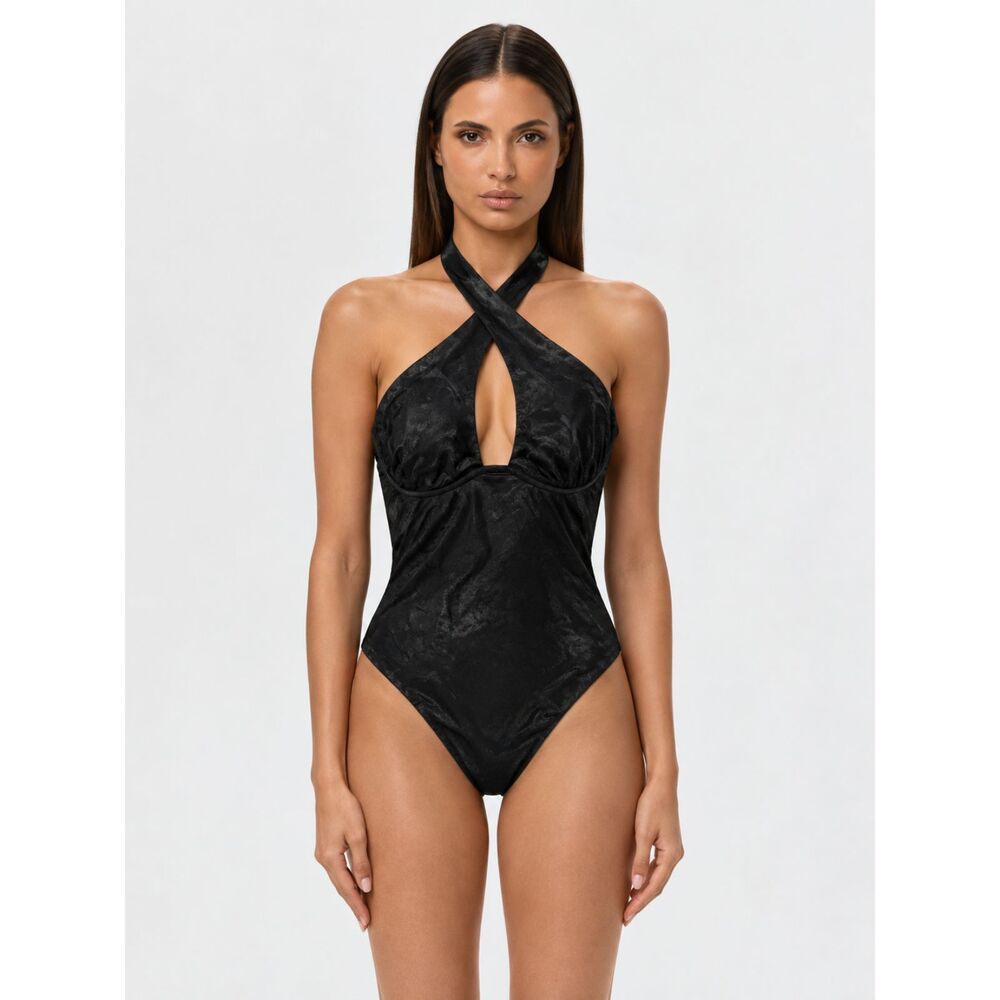 Naked Wardrobe Black Halter Bodysuit Underwire Shiny Stretch Top Size S